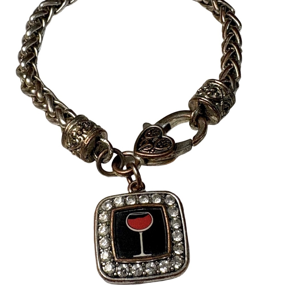 Wine Glass Rhinestone Charm Bracelet Silver Tone Toggle Clasp